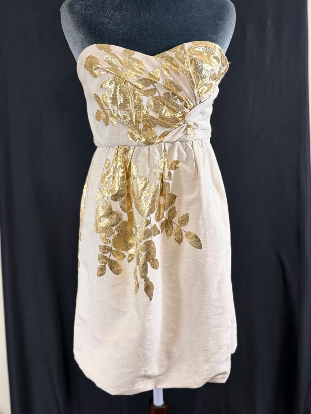 Tibi Strapless Cream Dress with Gold Foil Floral Boning Bubble Hem elastic band